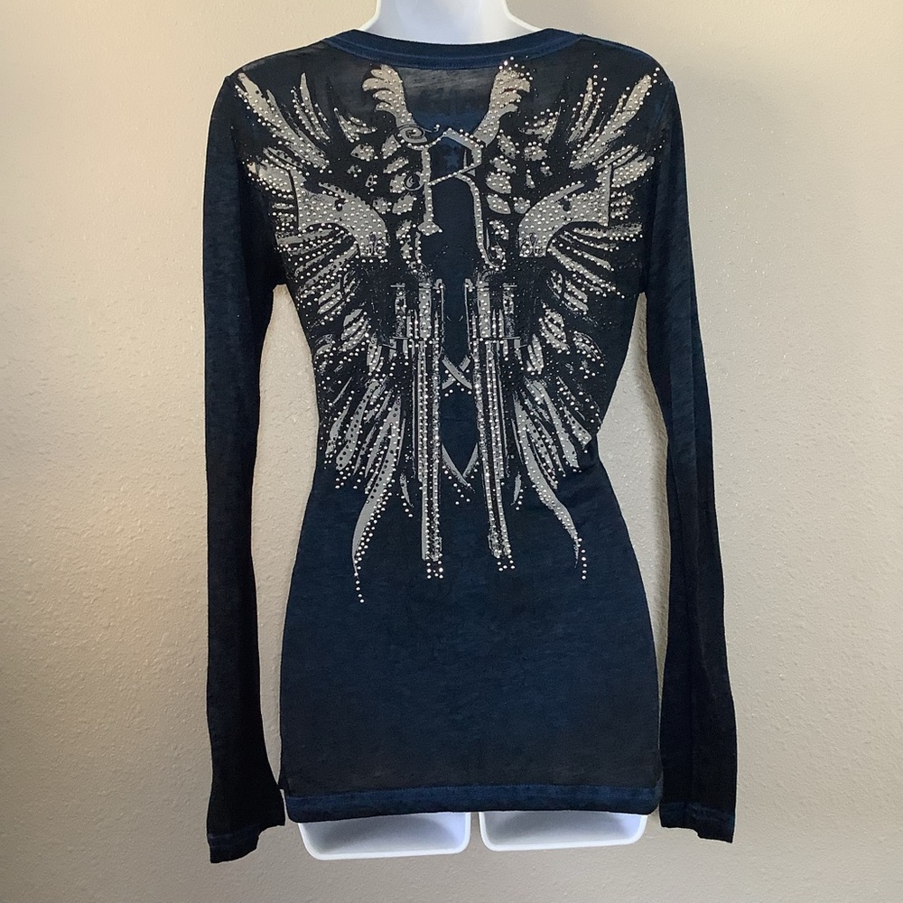 Vintage Y2K Rhinestone Angel Wing Pistol McBling Grunge Emo Scene Long Sleeve S - Picture 4 of 6